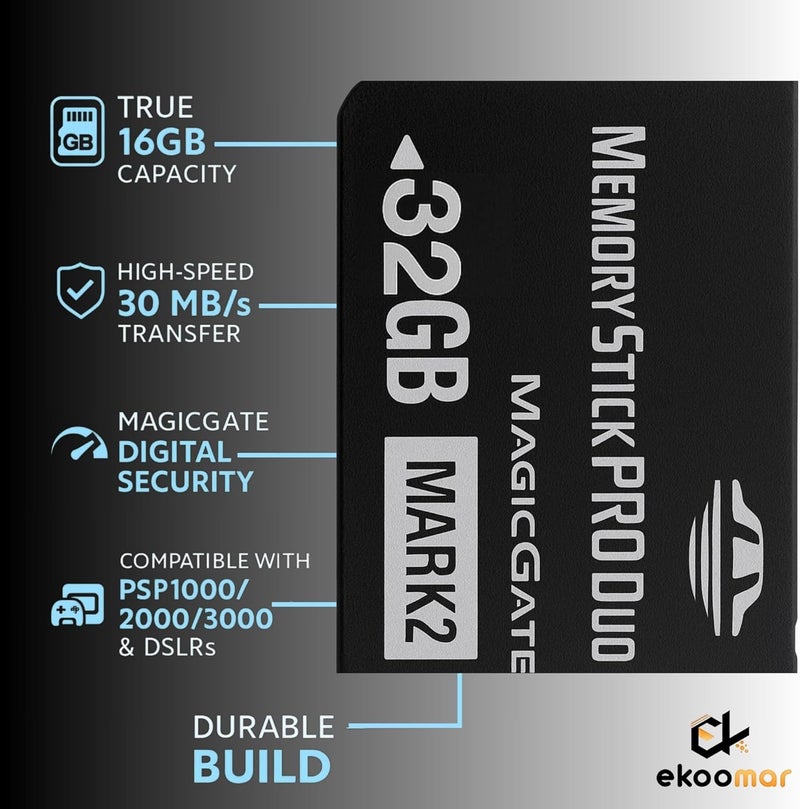 Ekoomar Original 32GB Memory Stick Pro Duo MARK2 - Compatible with PSP1000/2000/3000, DSLR Burst Shooting, MagicGate | High-Speed Read/Write Memory Stick Duo Card for PSP Memory Stick & Cameras - Image 2